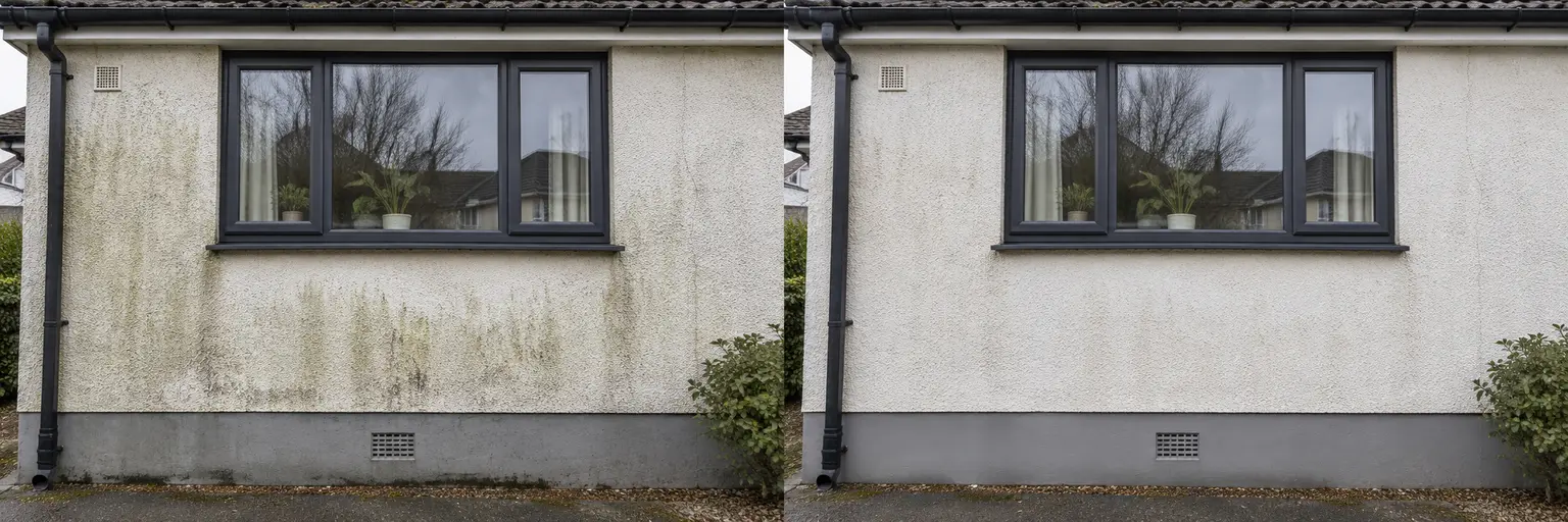 Illustrative before: off-white render with algae streaks around a charcoal window