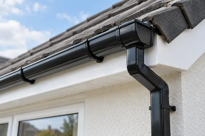Illustrative image of black guttering and a white fascia