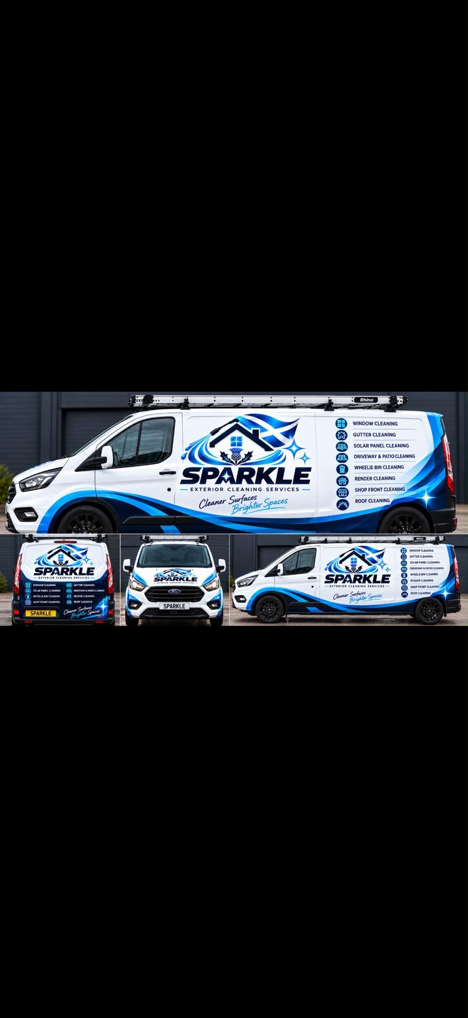 Sparkle branded white van shown from the side, front and rear, with flowing navy and electric-blue wave graphics